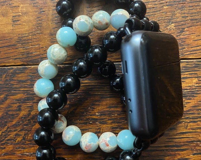 Black Obsidian Snakeskin Jasper Stainless Steel Beaded Apple Watch Band