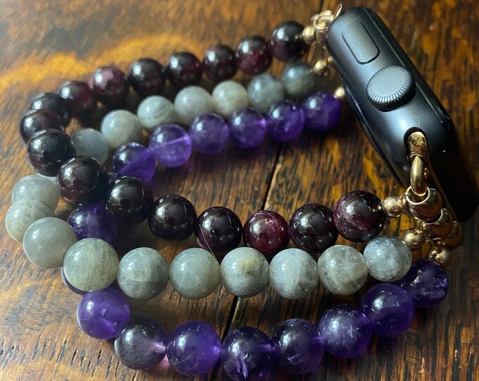 Garnet (AAA) Labradorite Amethyst Stainless Steel Beaded Apple Watch Band