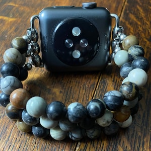 Gray Picasso Jasper Stainless Steel Beaded Apple Watch Band