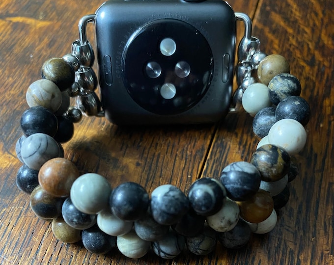 Gray Picasso Jasper Stainless Steel Beaded Apple Watch Band