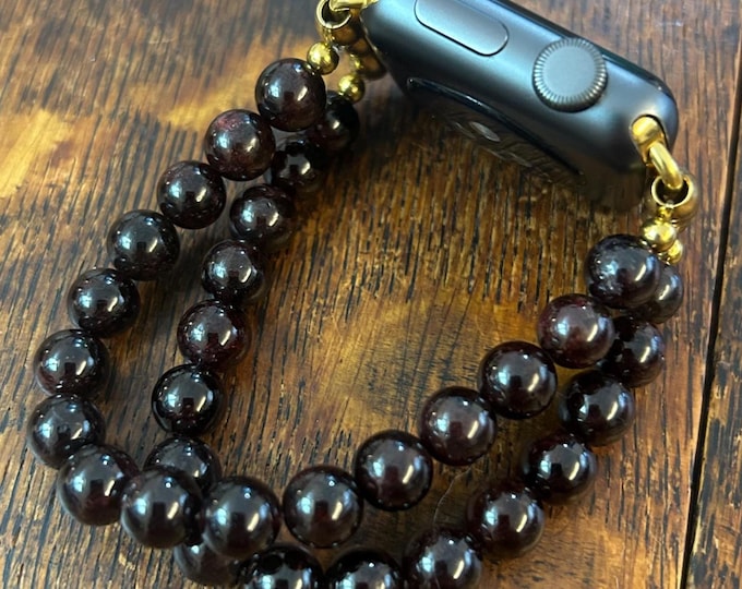 Garnet 2-strand 8mm Beaded Apple Watch Band on Stainless Steel