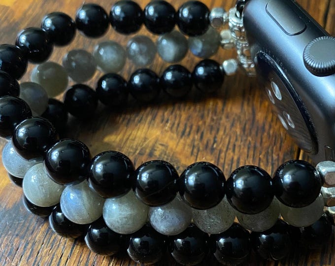 Black Obsidian and Labradorite Beaded Apple Watch Band