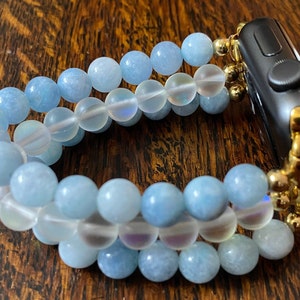 Aquamarine White Aura Quartz Crystal Stainless Steel Beaded Apple Watch Band
