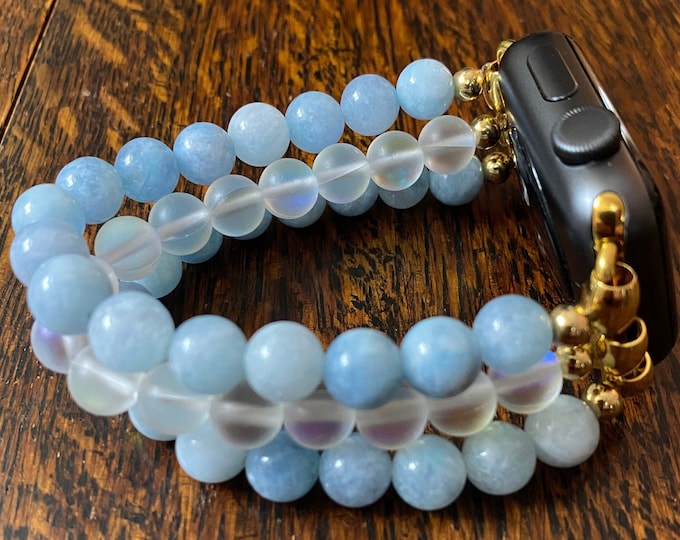 Aquamarine White Aura Quartz Crystal Stainless Steel Beaded Apple Watch Band