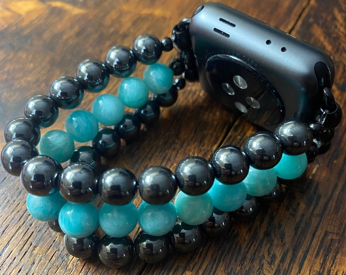 Hematite Amazonite Stainless Steel Beaded Apple Watch Band