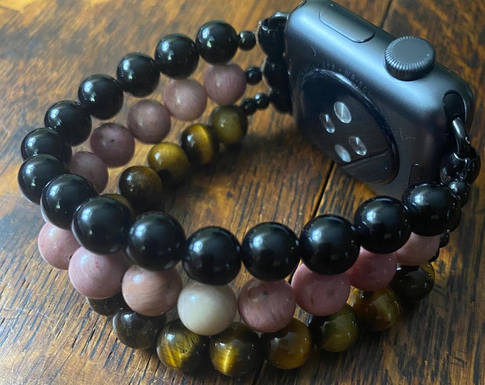 Black Obsidian Rhodochrosite Tiger Eye Stainless Steel Beaded Apple Watch Band