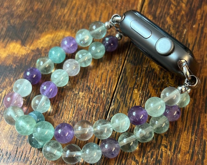 Fluorite Crystal 2-strand 8mm Beaded Apple Watch Band on Stainless Steel