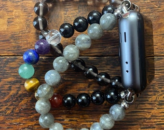 Chakra Tourmaline Labradorite Smokey Quartz Stainless Steel Beaded Apple Watch Band