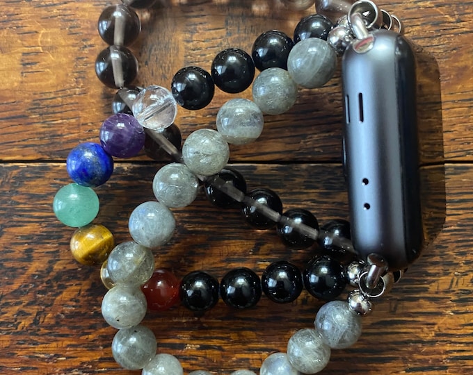 Chakra Tourmaline Labradorite Smokey Quartz Stainless Steel Beaded Apple Watch Band