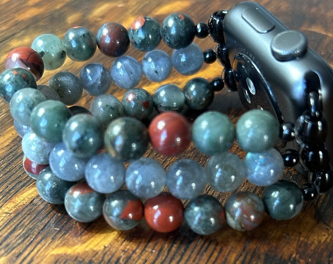 African Bloodstone Labradorite Stainless Steel Beaded Apple Watch Band