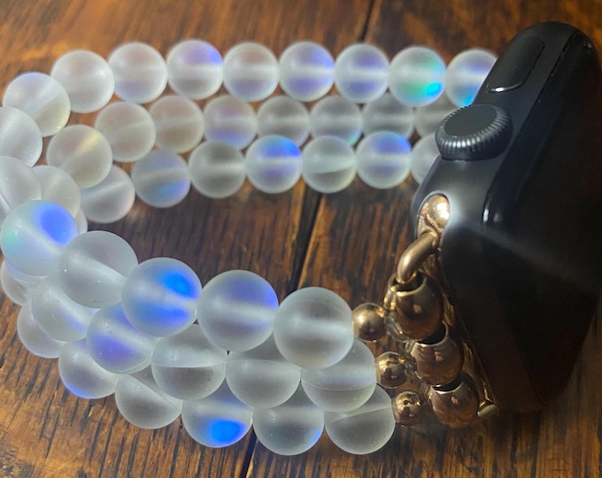 White Aura Crystal Beaded Apple Watch Band on Stainless Steel