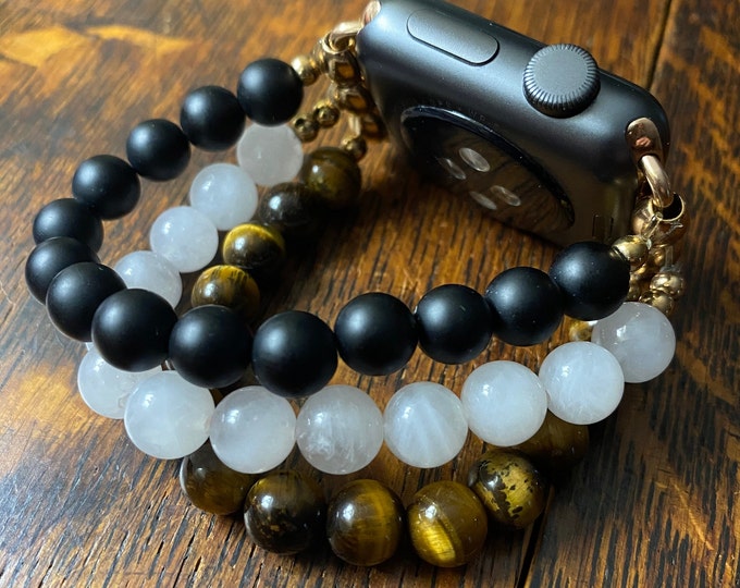 Matte Black Obsidian Rose Quartz Tiger Eye Stainless Steel Beaded Apple Watch Band