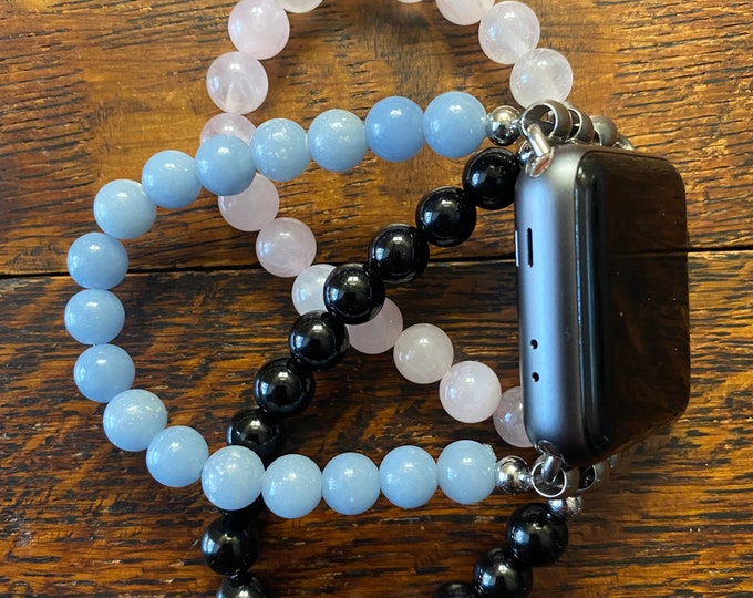 Angelite Black Obsidian Rose Quartz Stainless Steel Beaded Apple Watch Band