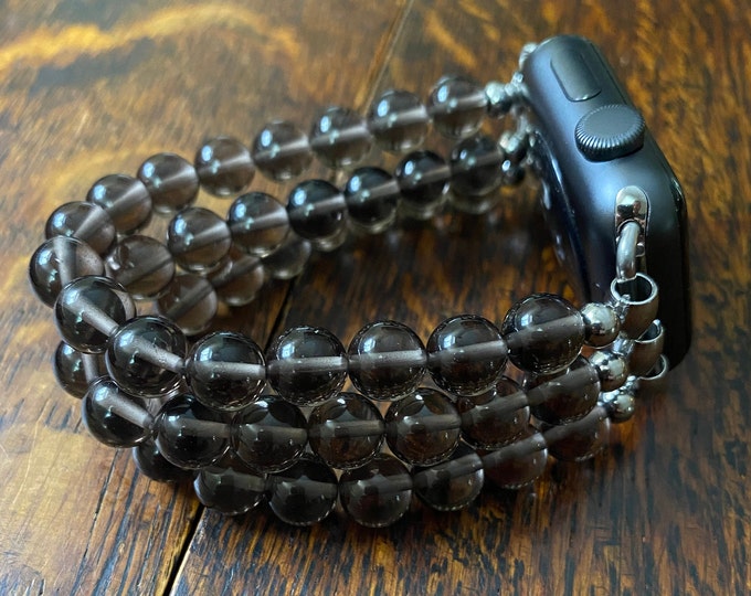 Smoky Quartz Crystal Stainless Steel Beaded Apple Watch Band