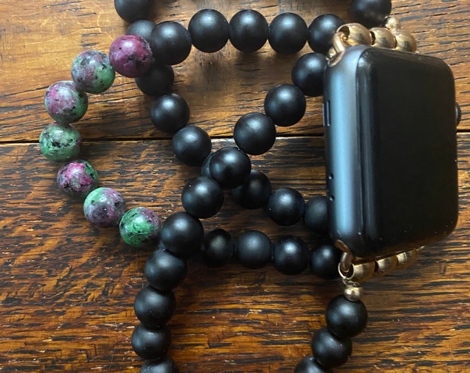 Matte Black Obsidian Ruby Zoisite Stainless Steel Beaded Apple Watch Band