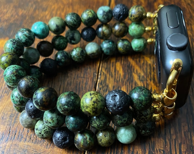 African Turquoise Lava Stone Stainless Steel Beaded Apple Watch Band