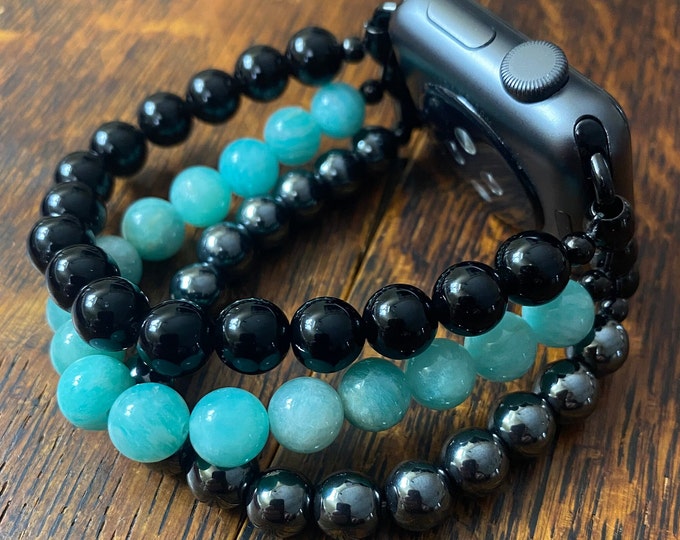 Hematite Amazonite Black Obsidian Stainless Steel Beaded Apple Watch Band