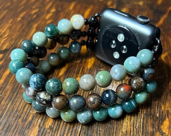 Pietersite Moss Agate Stainless Steel Beaded Apple Watch Band