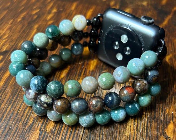 Pietersite Moss Agate Stainless Steel Beaded Apple Watch Band