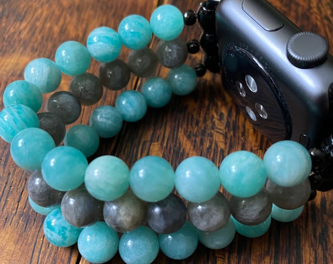 Amazonite Labradorite Stainless Steel Beaded Apple Watch Band