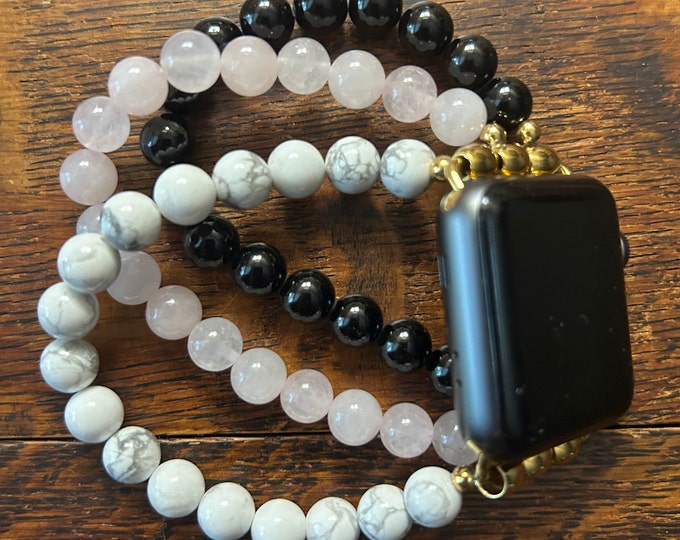 Howlite Rose Quartz Tourmaline Stainless Steel Beaded Apple Watch Band