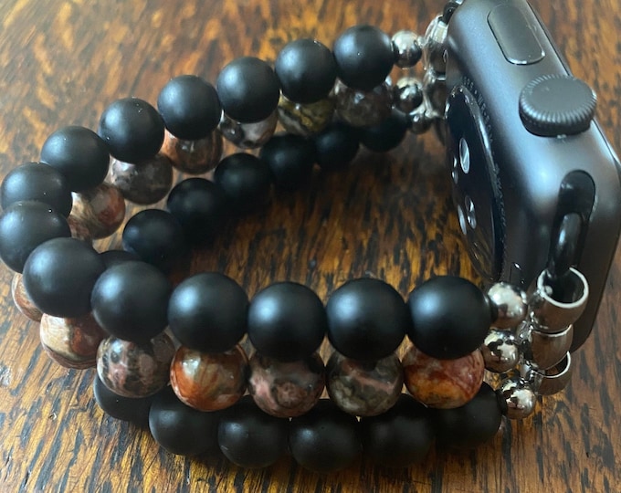 Matte Black Obsidian Leopard Skin Jasper Stainless Steel Beaded Apple Watch Band