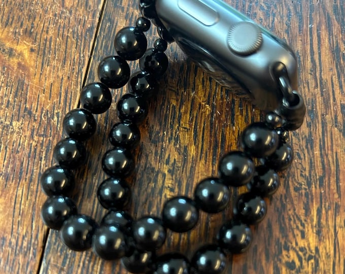Black Obsidian 2-strand 8mm Beaded Apple Watch Band on Stainless Steel