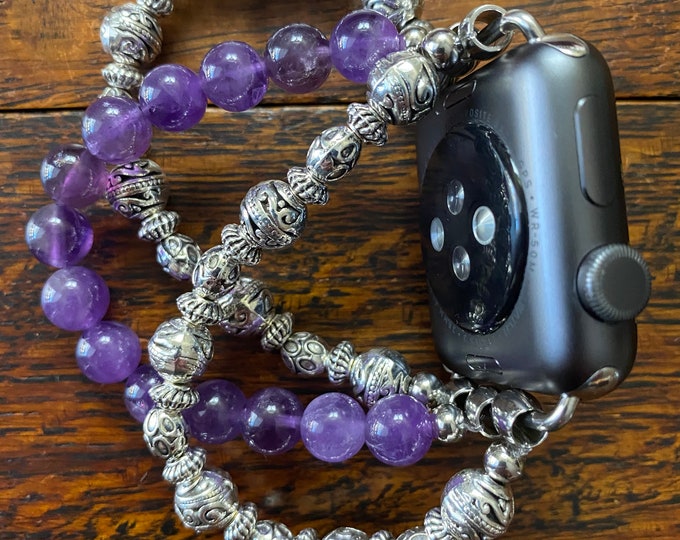 Amethyst Tibetan Silver Stainless Steel Beaded Apple Watch Band