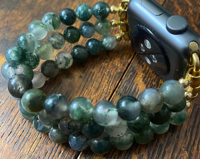Moss Agate Stainless Steel Beaded Apple Watch Band