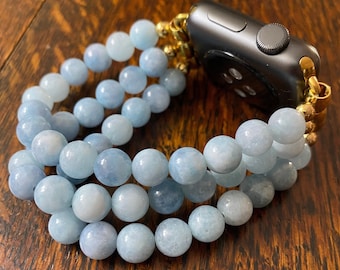 March - Aquamarine Stainless Steel Beaded Apple Watch Band