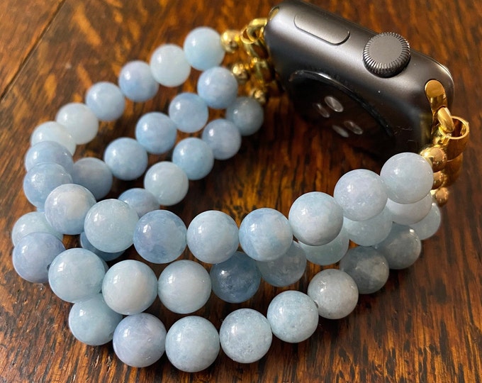 March - Aquamarine Stainless Steel Beaded Apple Watch Band