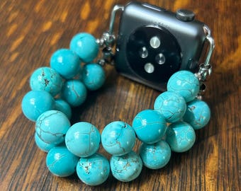 Large Stone Turquoise Howlite Stainless Steel Beaded Apple Watch Band