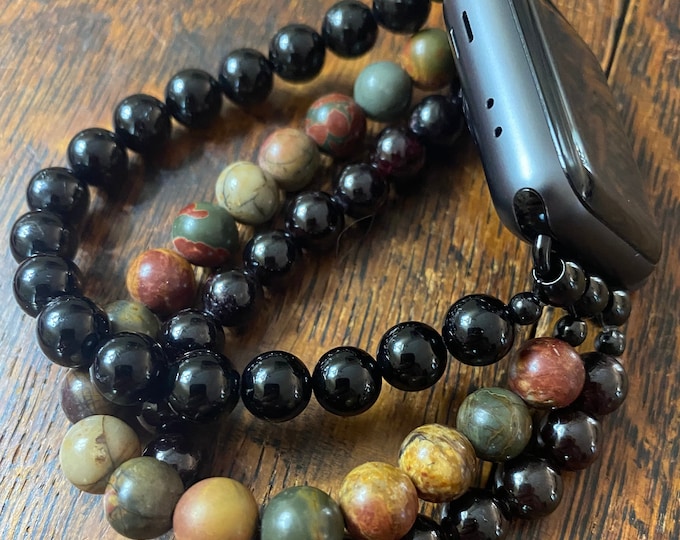 Garnet Red Picasso Jasper Tourmaline Stainless Steel Beaded Apple Watch Band