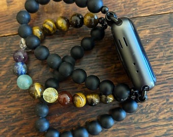 Chakra Matte Black Tiger Eye Stainless Steel Beaded Apple Watch Band
