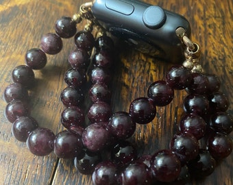 January - Garnet Stainless Steel Beaded Apple Watch Band