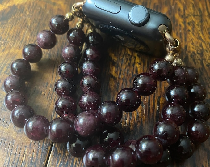 January - Garnet Stainless Steel Beaded Apple Watch Band