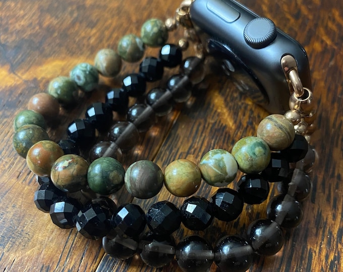 Diamond Cut Tourmaline Smokey Quartz Polar Jade Stainless Steel Beaded Apple Watch Band