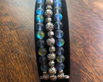 Blue Aura Quartz Crystal and Tibetan Silver Beaded Apple Watch Band