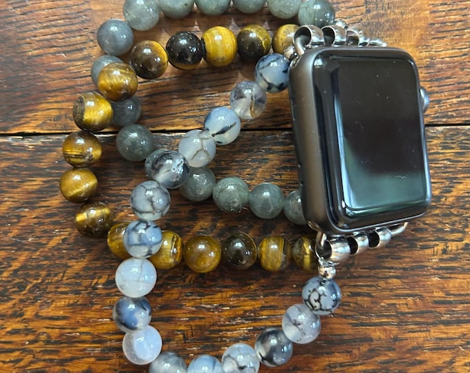 Dragon Vein Agate Labradorite Tiger Eye Beaded Apple Watch Band on Stainless Steel