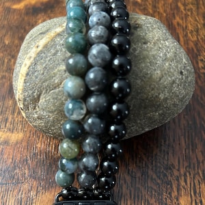 Tourmaline Black Labradorite Moss Agate Stainless Steel Beaded Apple Watch Band