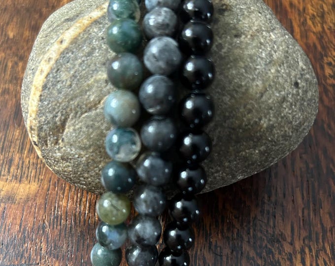 Tourmaline Black Labradorite Moss Agate Stainless Steel Beaded Apple Watch Band