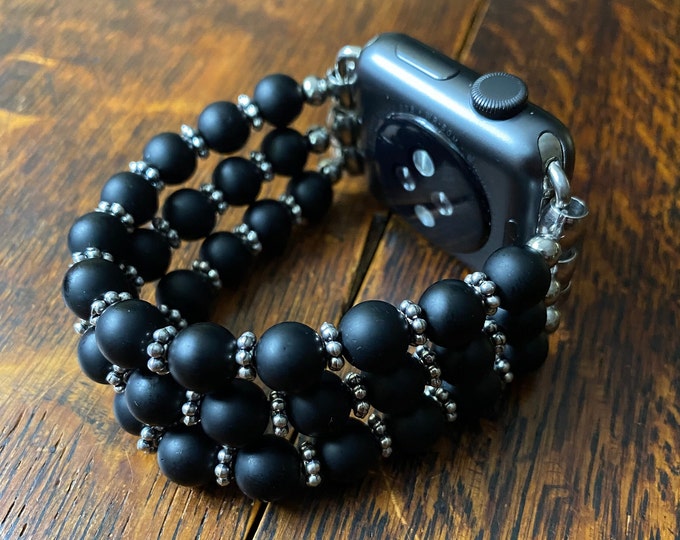 Matte Black Obsidian Tibetan Daisy Rings Stainless Steel Beaded Apple Watch Band