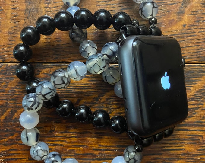 Dragon Vein Agate Black Obsidian Stainless Steel Beaded Apple Watch Band