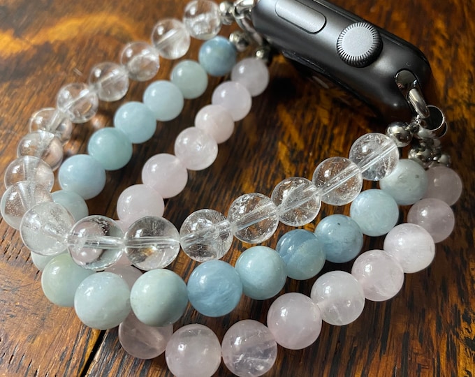 Aquamarine Rose Clear Quartz Stainless Steel Beaded Apple Watch Band