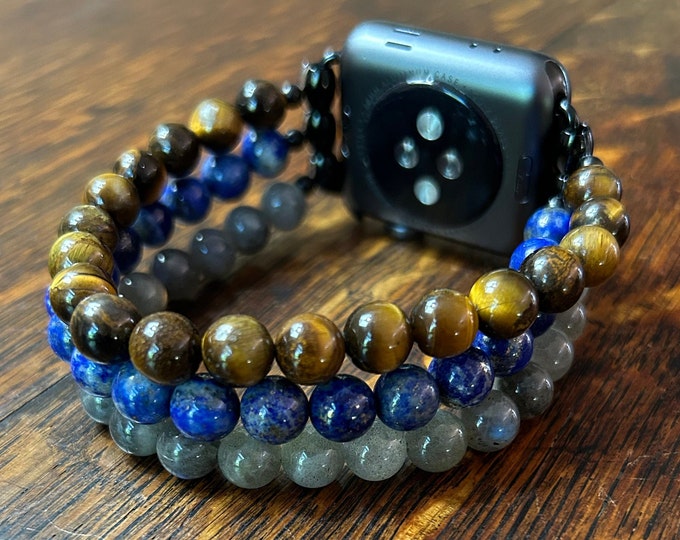 Labradorite Lapis Lazuli Tiger Eye Stainless Steel Beaded Apple Watch Band