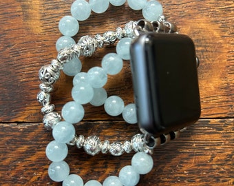 Aquamarine Tibetan Silver and Stainless Steel Beaded Apple Watch Band