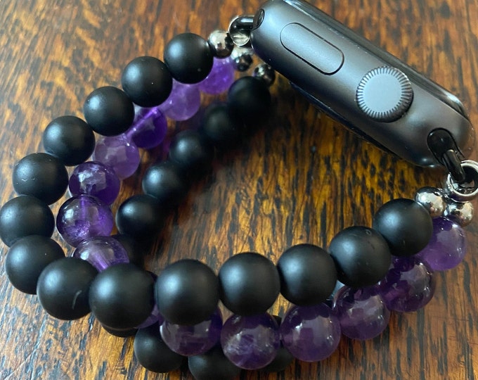 Matte Black Obsidian Amethyst Stainless Steel Beaded Apple Watch Band