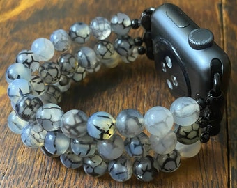 Dragon Vein Agate Stainless Steel Beaded Apple Watch Band