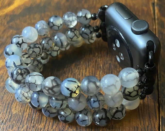 Dragon Vein Agate Stainless Steel Beaded Apple Watch Band