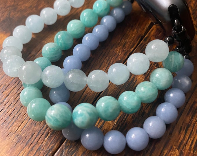 Angelite Aquamarine Amazonite Stainless Steel Beaded Apple Watch Band